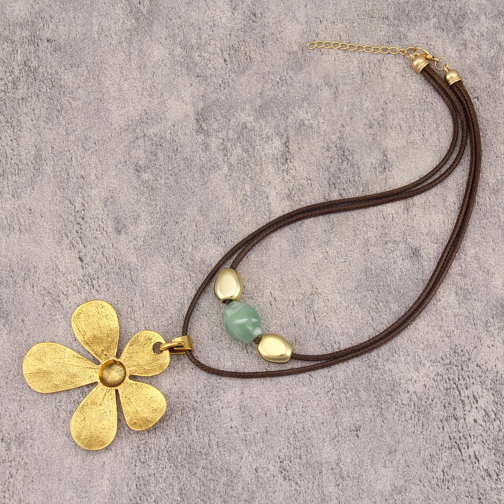 Women's Bohemian Style Double Layer Brown Rope Necklace with Flower Pendant